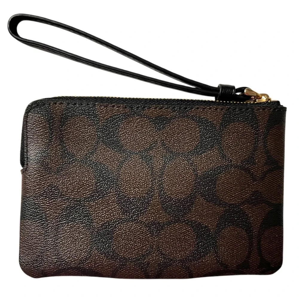 Coach Signature Coated Canvas Corner Zip Wristlet Brown Black Gold
